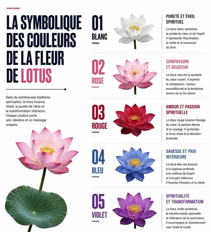 Infographie sur la signification des couleurs de la fleur de lotus