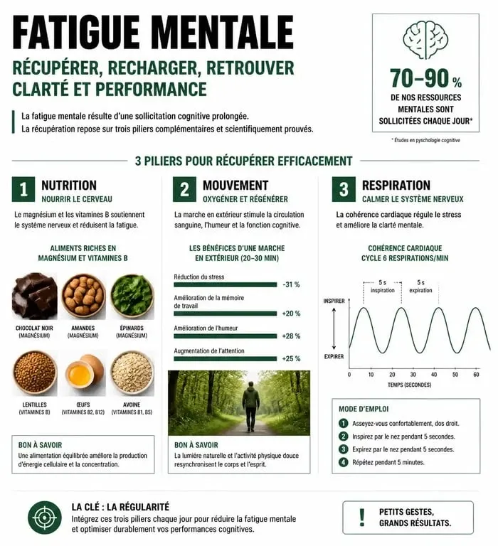 Infographie sur les méthodes pour retrouver de l'énergie mentale et combattre la fatigue cognitive