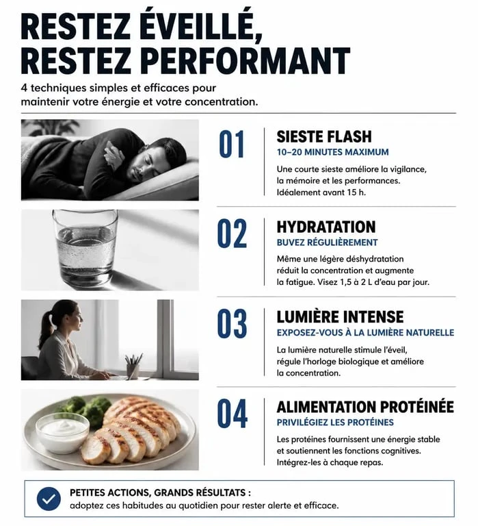 Infographie des conseils pour ne pas s'endormir et rester vigilant au quotidien