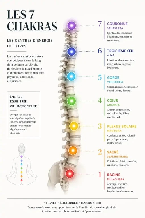 Infographie illustrant la couleur des chakras et leur position sur le corps humain.