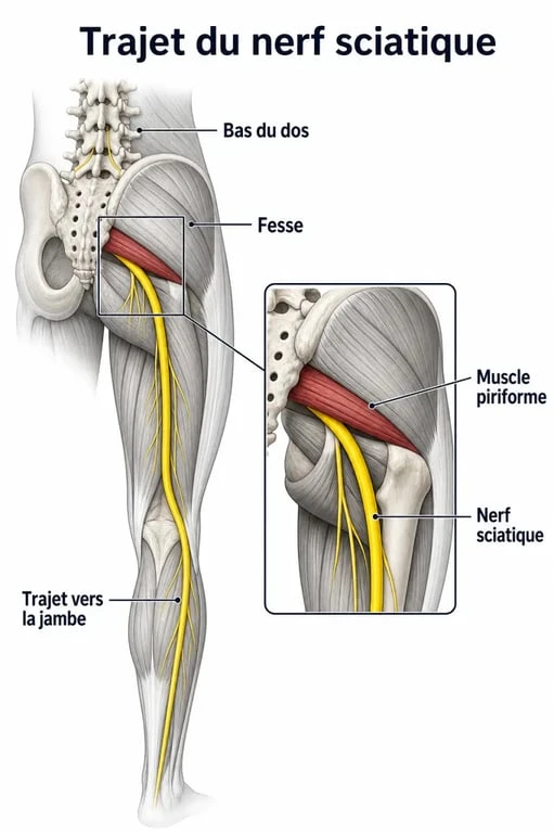 Schéma anatomique du trajet du nerf sciatique pour le massage du nerf sciatique