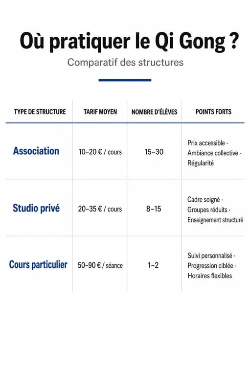Comparatif des structures pour pratiquer le Qi Gong autour de moi : associations, studios et cours particuliers