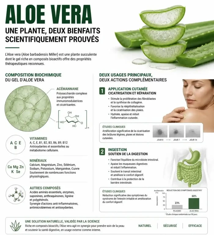 Infographie sur les bienfaits de l'aloe vera pour la santé et la peau