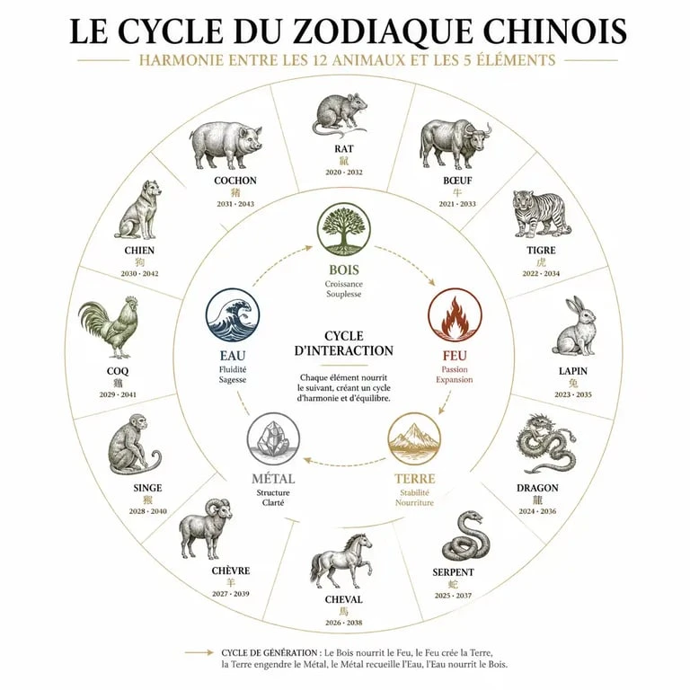 Infographie du cycle du zodiaque chinois et des 5 éléments pour déterminer son signe chinois