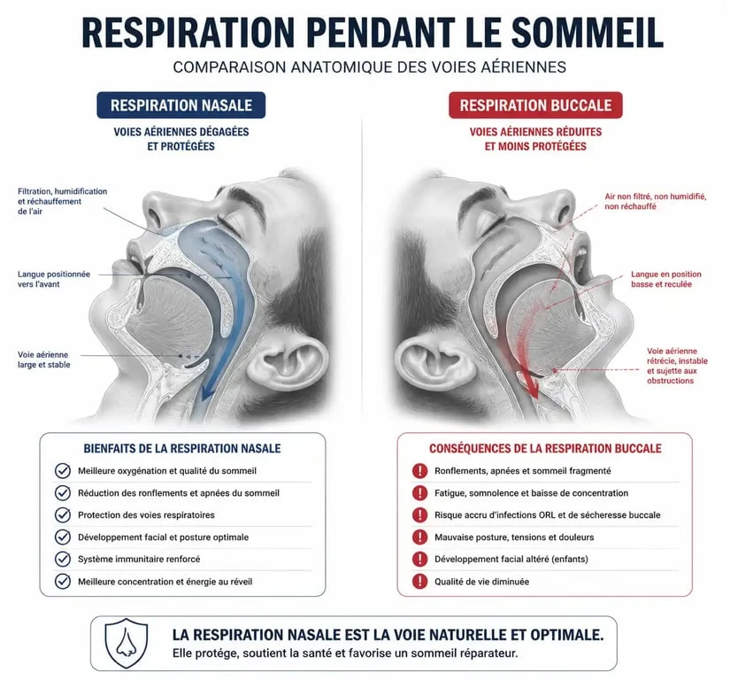 Schéma comparatif expliquant pourquoi je dors la bouche ouverte et les différences avec la respiration nasale