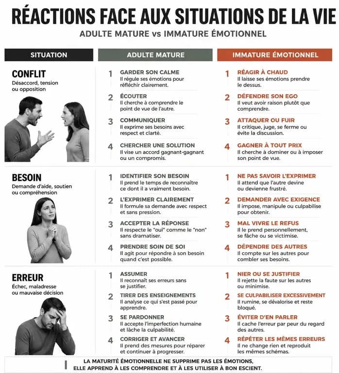 Infographie comparant les comportements d'un adulte mature et d'un immature émotionnel