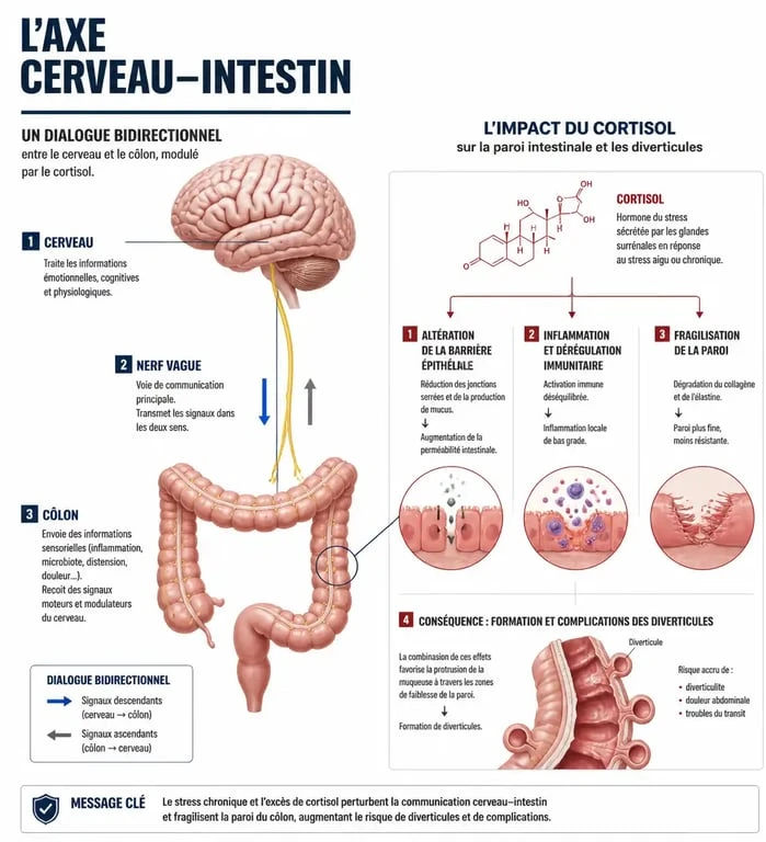 Schéma explicatif de l'axe cerveau-intestin et l'impact du stress sur la diverticulite