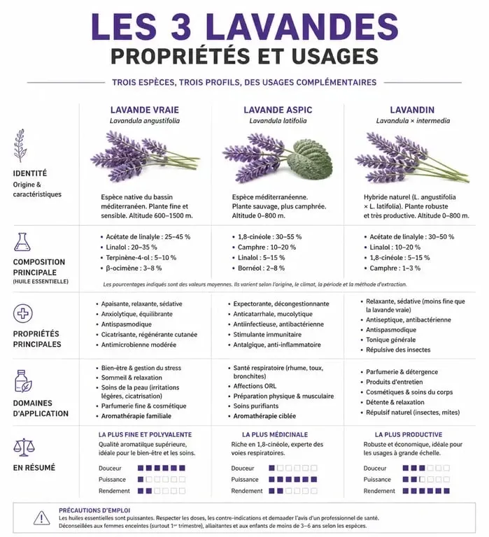 Infographie comparative des usages de l'huile essentielle de lavande vraie, aspic et lavandin