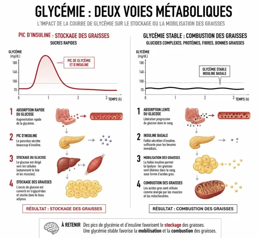 Infographie expliquant le lien entre glycémie, insuline et perte de poids pour comprendre comment faire baisser la glycémie.