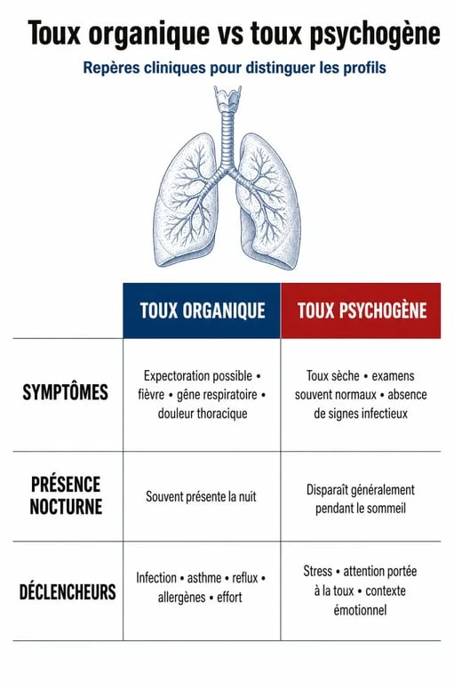 Infographie comparative des symptômes de la toux organique et de la toux psychogène pour comprendre le stress et la toux