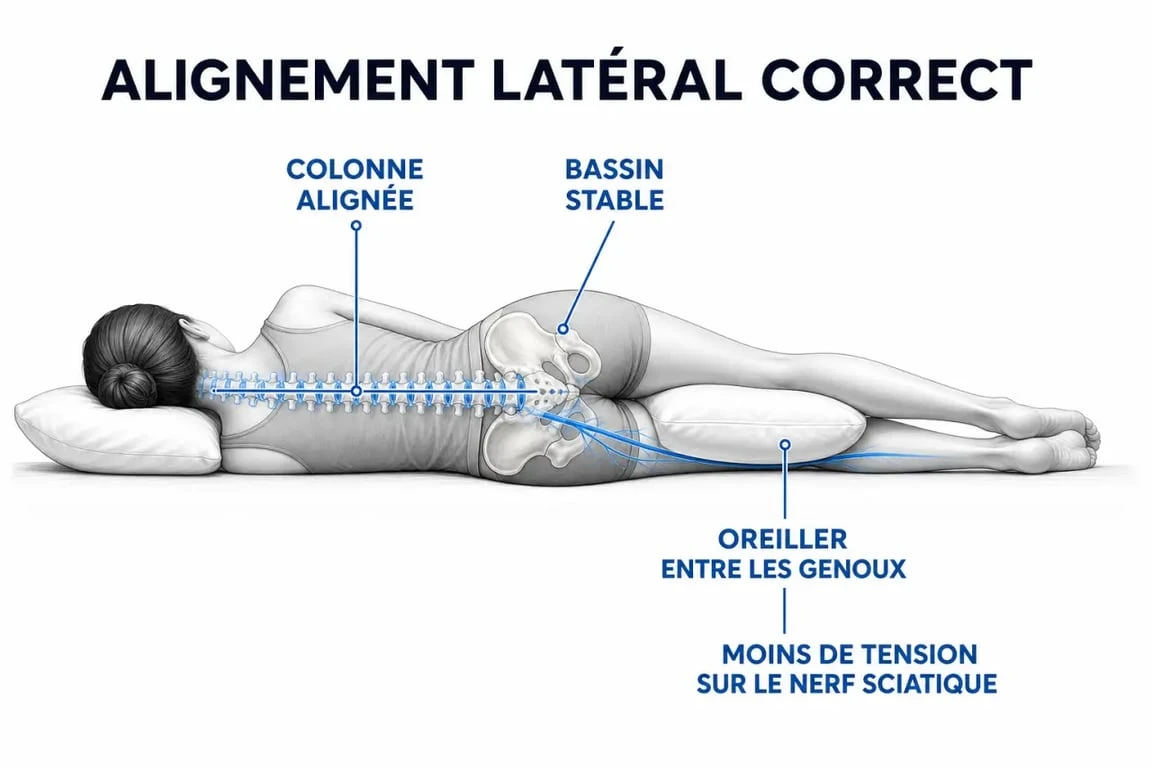 Schéma montrant la position pour soulager la sciatique en dormant sur le côté avec un oreiller entre les genoux