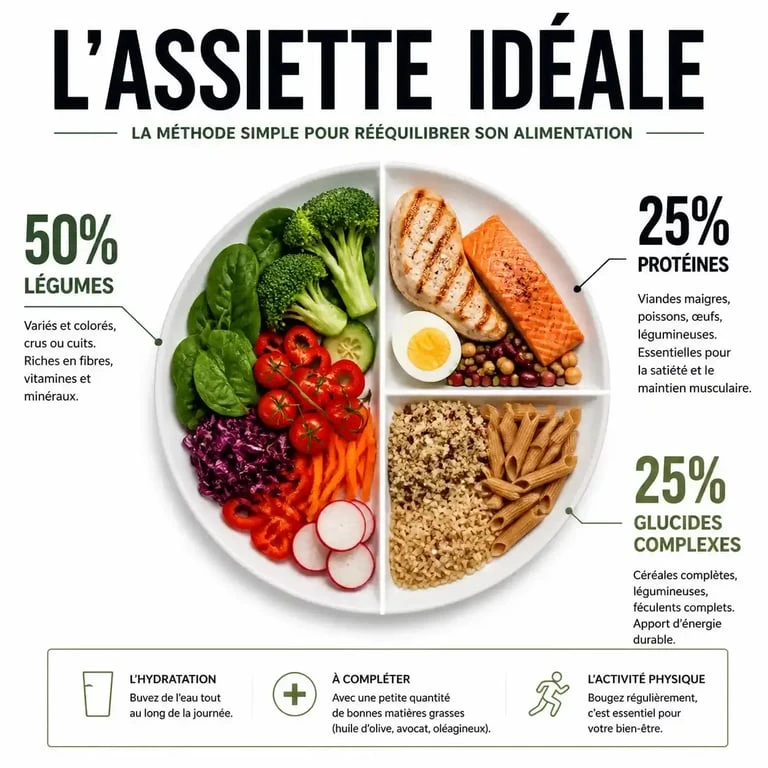 Infographie de l'assiette idéale pour un rééquilibrage alimentaire équilibré