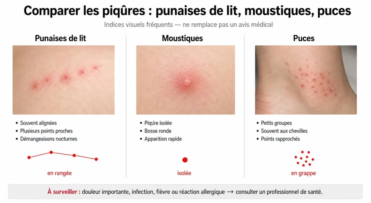 Infographie comparative des piqûres de punaises de lit, moustiques et puces pour identifier les symptômes.