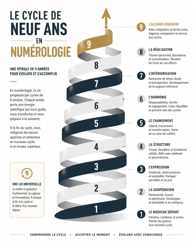Infographie du cycle de neuf ans de l'année personnelle en numérologie