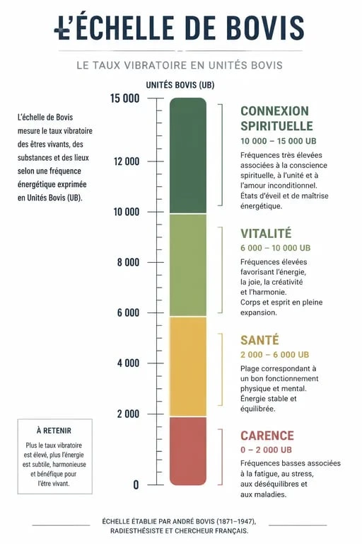 Infographie de l'échelle de Bovis pour mesurer le taux vibratoire et la vitalité énergétique