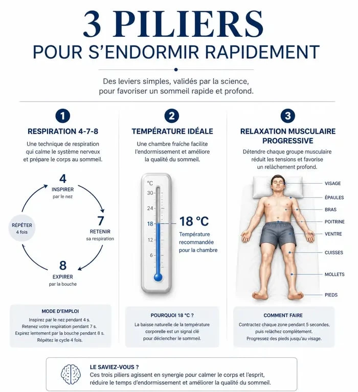 Infographie des meilleures techniques pour s'endormir rapidement : respiration 4-7-8, température idéale et relaxation musculaire.