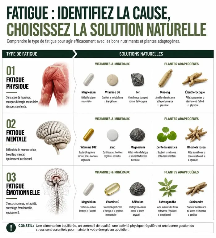 Infographie sur les nutriments et plantes pour lutter contre la fatigue et l'asthénie