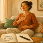 Gérer sa colère, femme respiration canapé