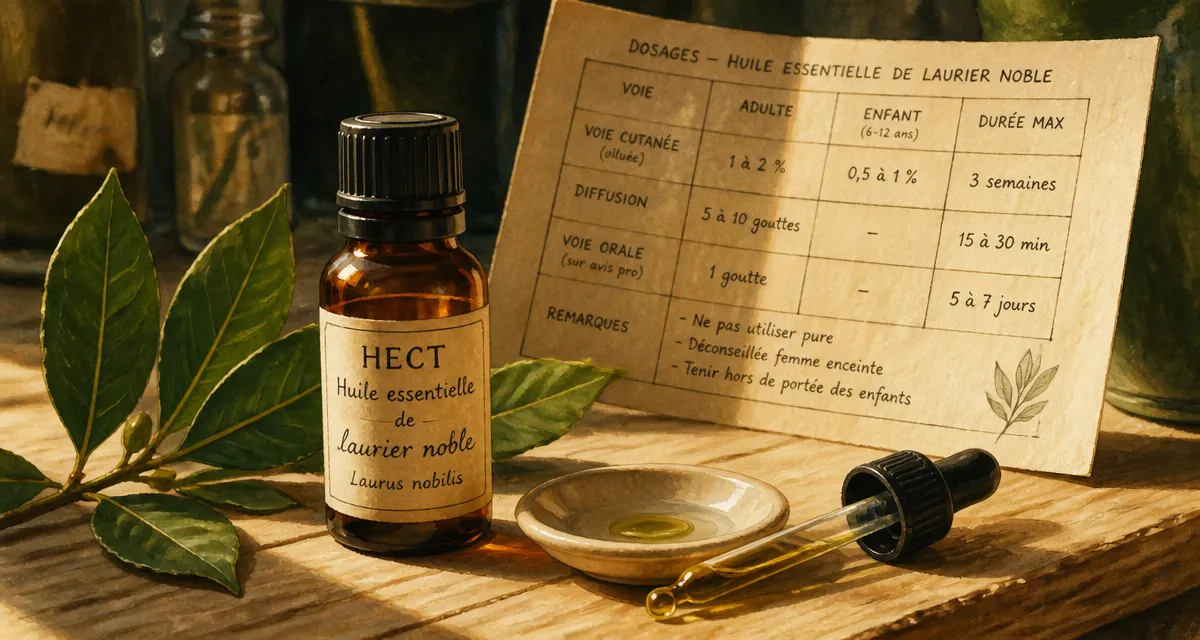 Huile essentielle de laurier noble utilisation : flacon et compte-gouttes sur table, précautions