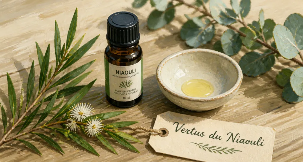 huile essentielle niaouli bienfaits flacon et feuilles