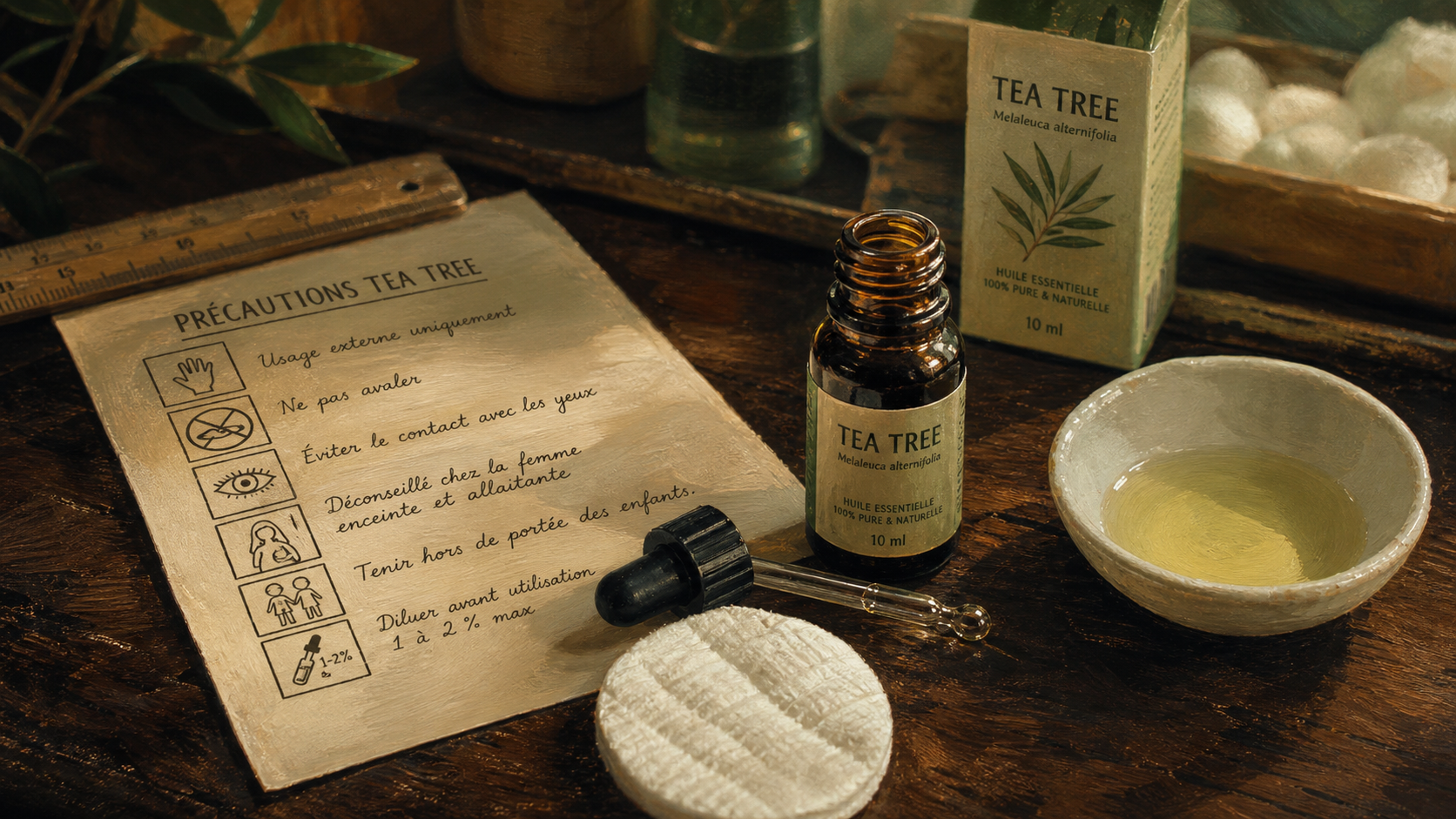 Huile essentielle tea tree danger : flacon ouvert et précautions