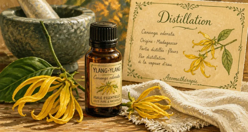 Huile essentielle ylang ylang bienfaits : fiole ambre et fleurs jaunes