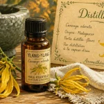Huile essentielle ylang ylang bienfaits : fiole ambre et fleurs jaunes