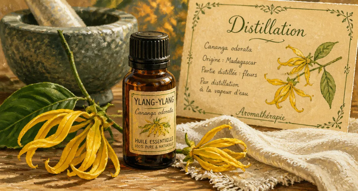 Huile essentielle ylang ylang bienfaits : fiole ambre et fleurs jaunes