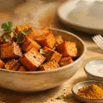 Les 5 bienfaits de la patate douce : patate douce rôtie, curry et lait de coco