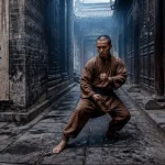 Moine shaoline en tenue wushu, dans le monastère, pierre et couloir.