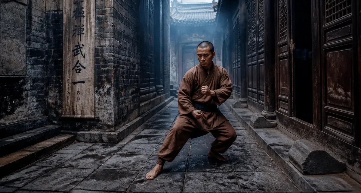Moine shaoline en tenue wushu, dans le monastère, pierre et couloir.