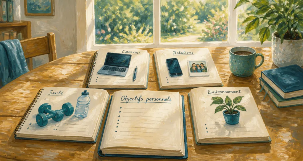 Objectif personnel, carnets illustrant les piliers de vie