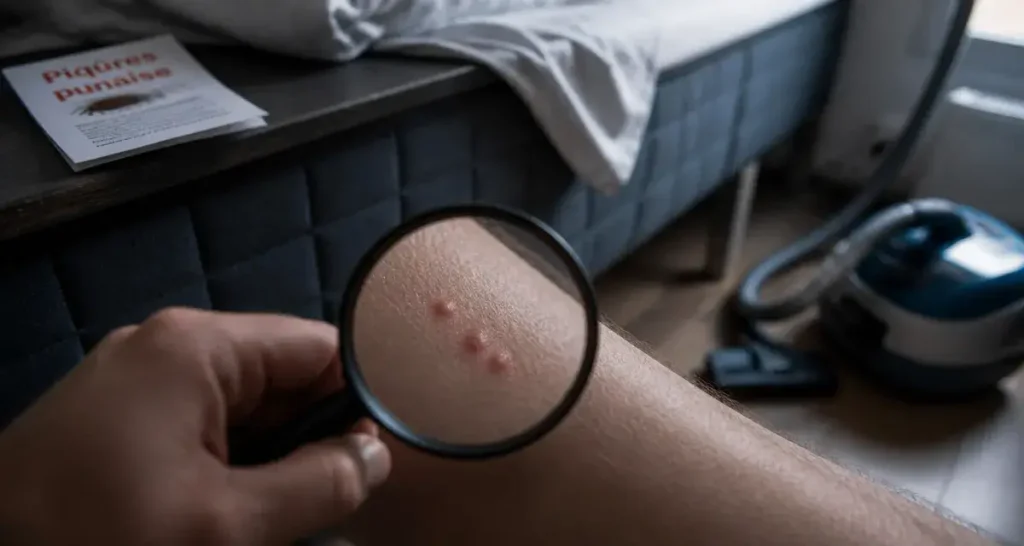 Piqures de punaise de lit : trois papules rouges sur la peau, loupe et chambre