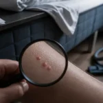 Piqures de punaise de lit : trois papules rouges sur la peau, loupe et chambre