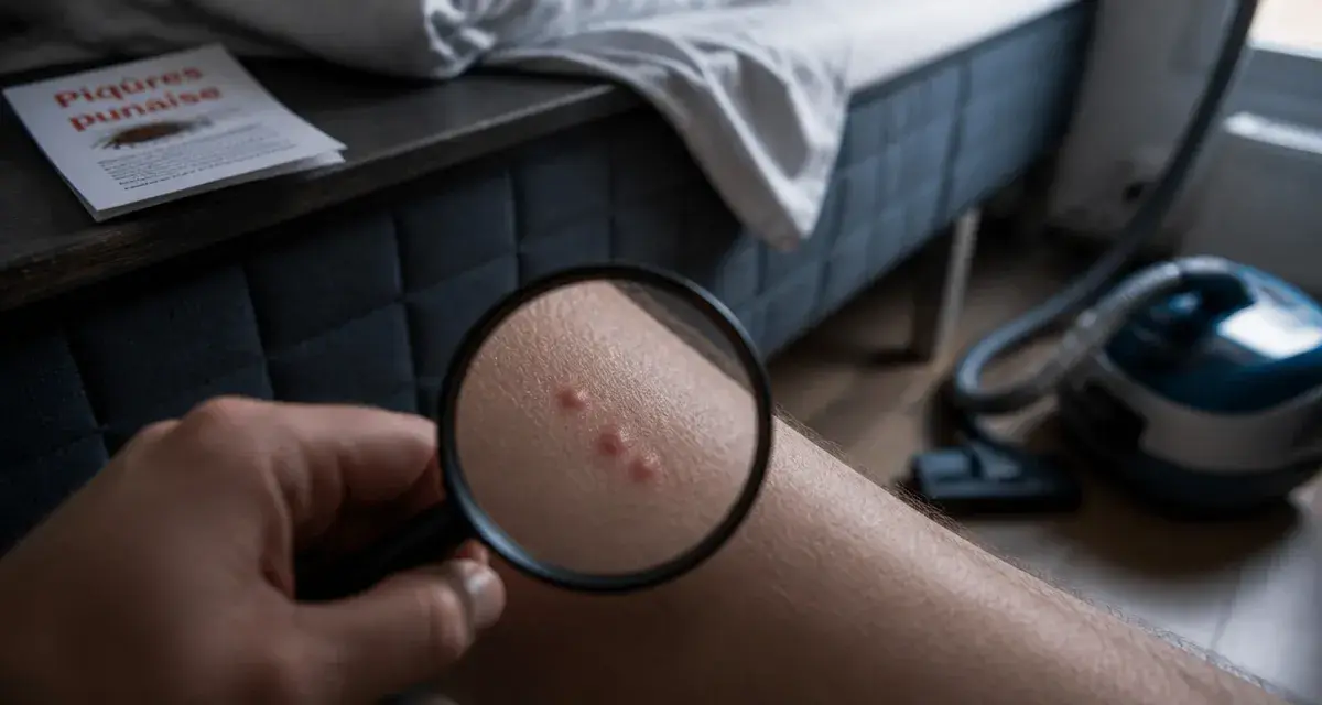 Piqures de punaise de lit : trois papules rouges sur la peau, loupe et chambre