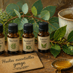 quelle huile essentielle pour le mal de gorge, flacons huiles essentielles sur table