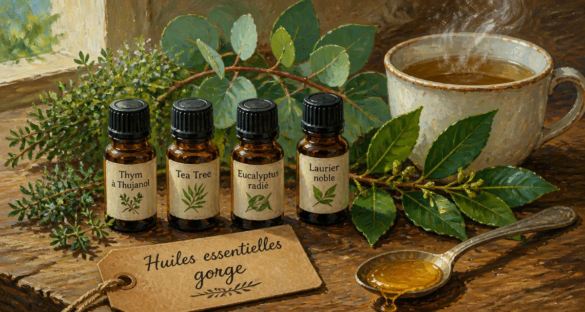 quelle huile essentielle pour le mal de gorge, flacons huiles essentielles sur table