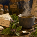 Tulsi : bienfaits the ou tisane, infusion sans amertume, tasse fumante
