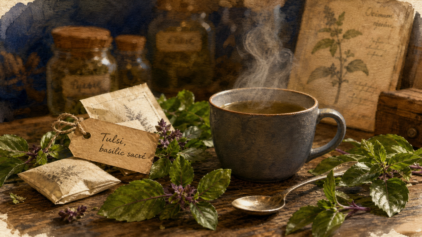 Tulsi : bienfaits the ou tisane, infusion sans amertume, tasse fumante
