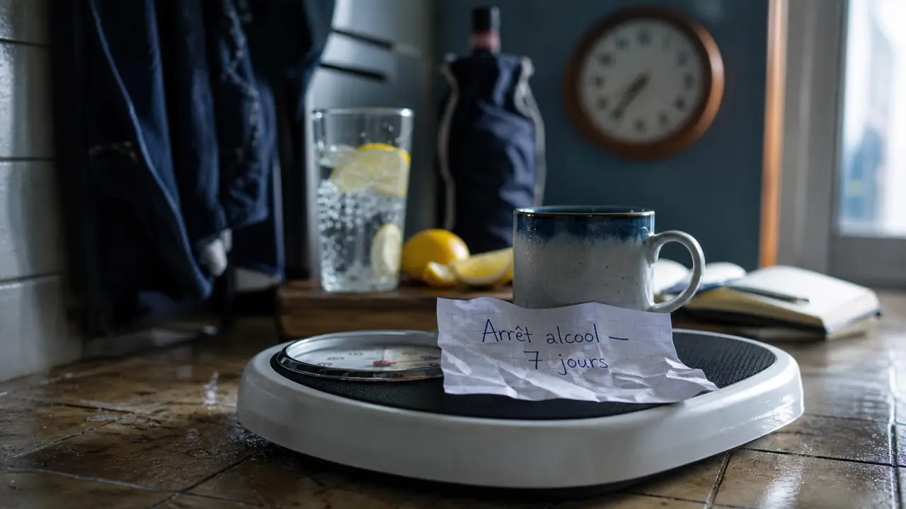 Arret alcool et perte de poids en 7 jours : balance et eau citron