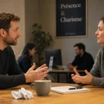 Comment avoir le charisme : posture et écoute, homme et femme en réunion calme