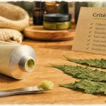 Crème cbd sans THC : texture mate sur spatule, feuille de chanvre