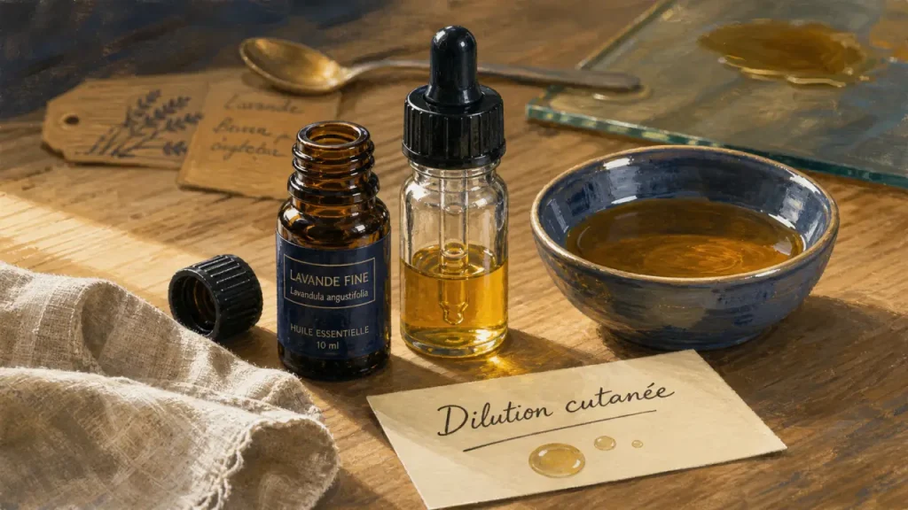 dilution huile essentielle : flacon pipette et dosage sur table