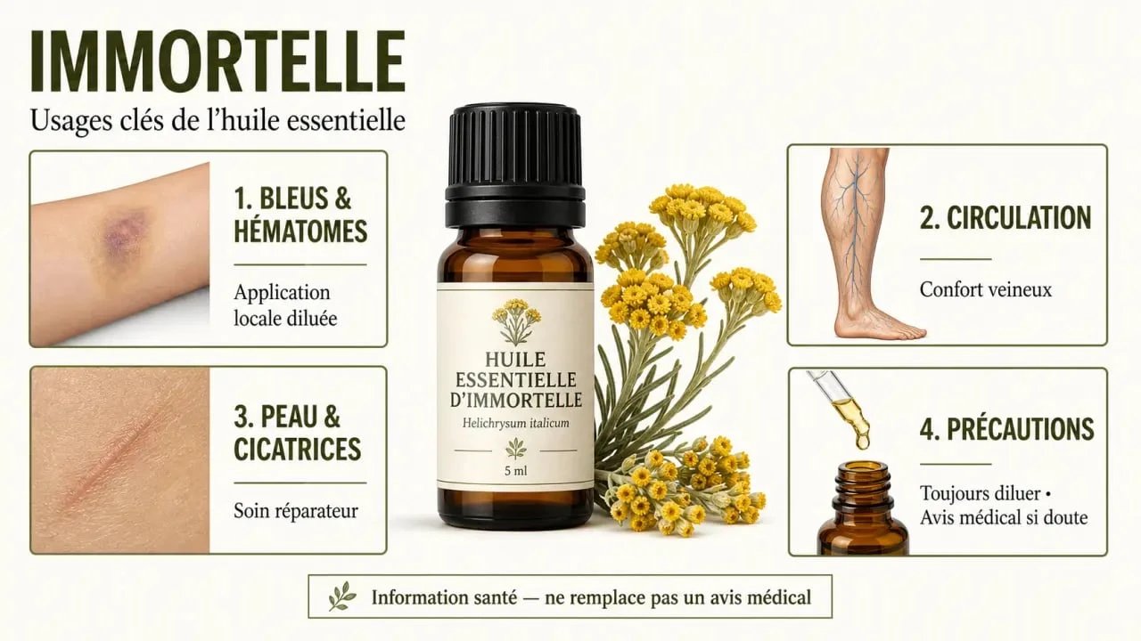 Immortelle huile essentielle : synthèse visuelle des bienfaits, usages et précautions