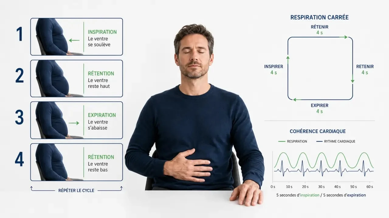 Exercices de respiration anti-stress illustrés par une séquence visuelle de cohérence cardiaque et de respiration abdominale