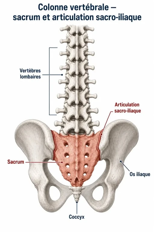 Schéma anatomique du sacrum et de l'articulation sacro-iliaque pour comprendre la douleur sacrum.