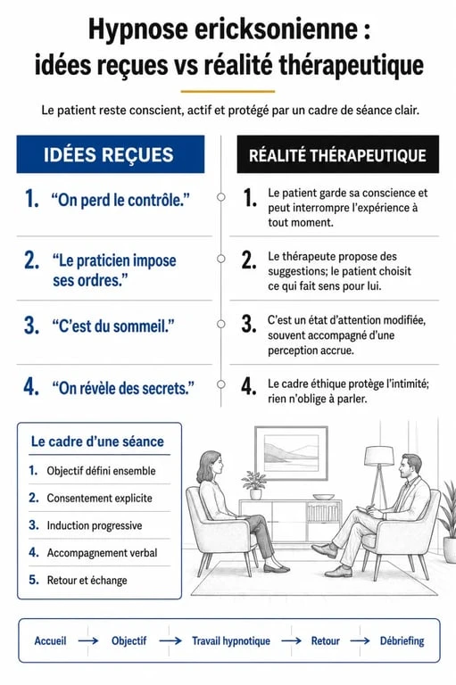 Infographie sur les dangers et la réalité de l'hypnose ericksonienne pour une séance en toute sécurité