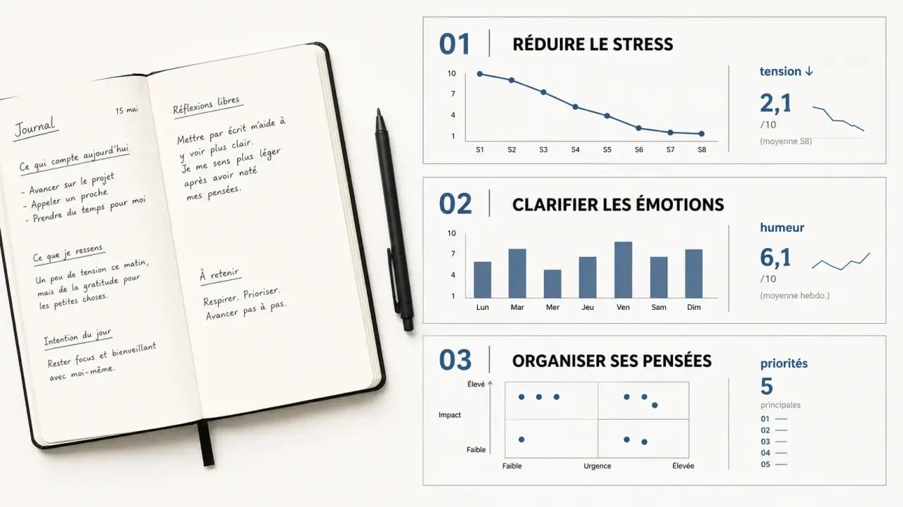 Le journaling : écrire pour aller mieux, infographie éditoriale sur les bienfaits et les méthodes