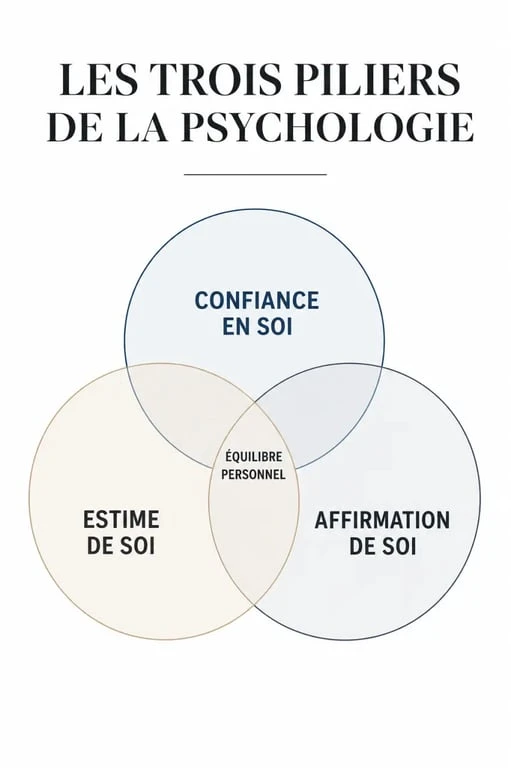 Schéma des trois piliers de la confiance en soi : confiance, estime et affirmation de soi pour une formation.