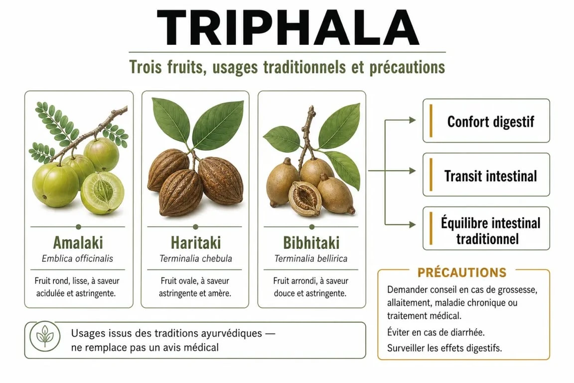 Infographie sur les triphala bienfaits, les trois fruits, les formes et les précautions d’usage
